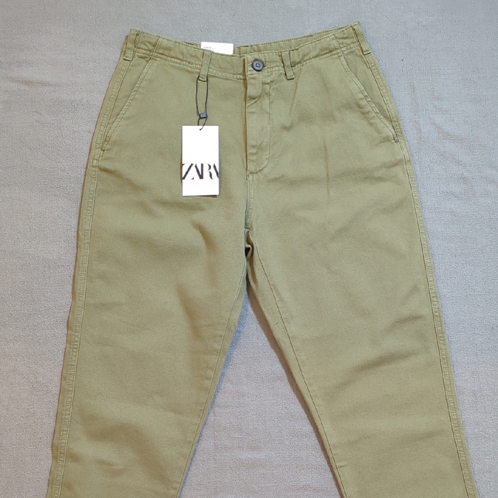 Zara NWT High Rise Slim Cotton Pants Green Women's 29